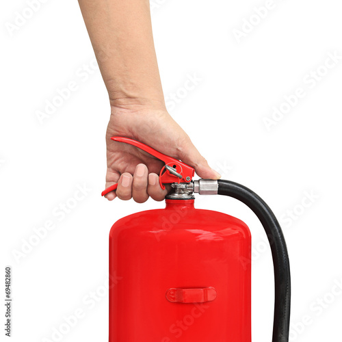 hand presses the trigger fire extinguisher