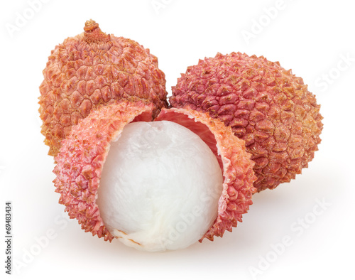 Three lychees isolated on white background