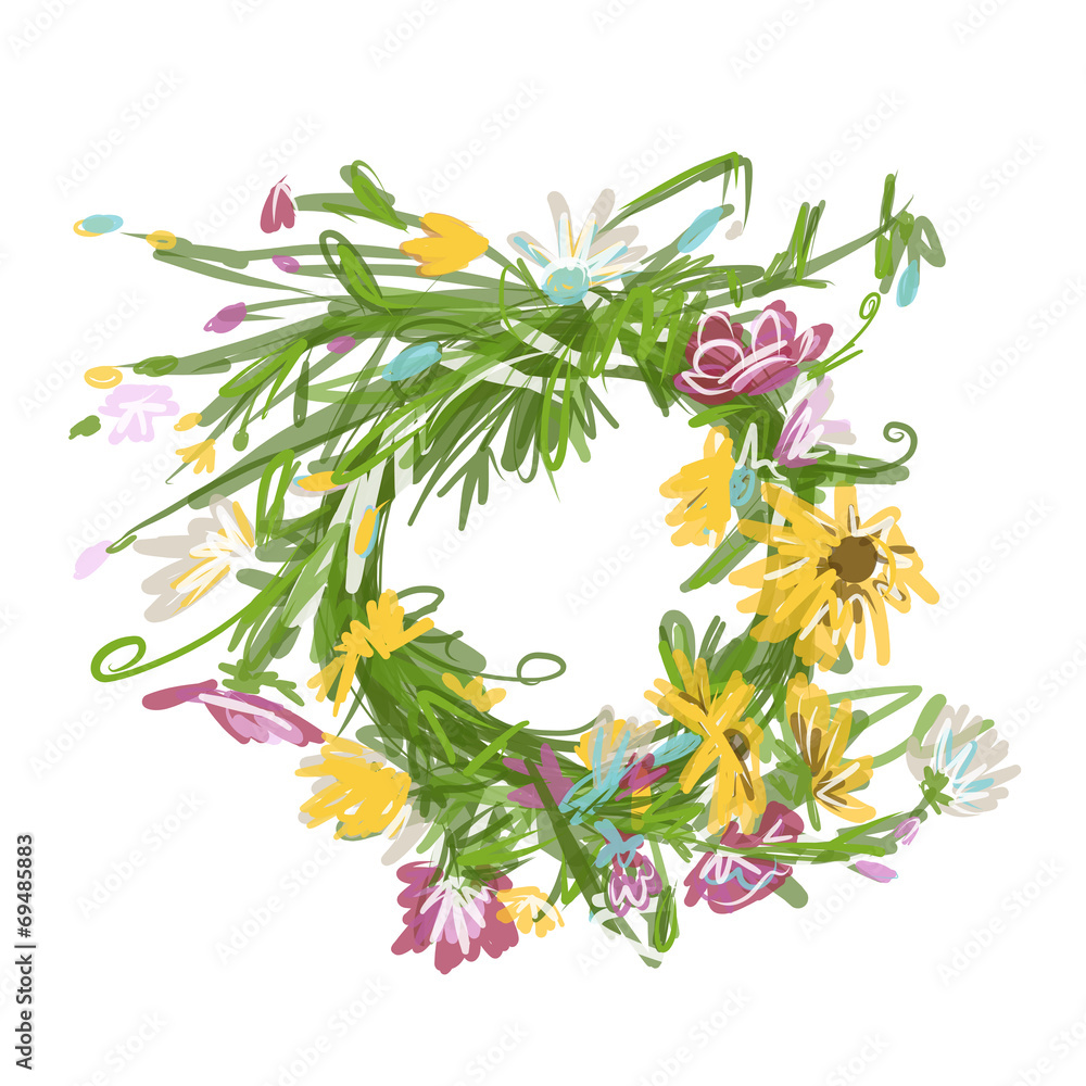 Floral wreath sketch for your design - obrazy, fototapety, plakaty 