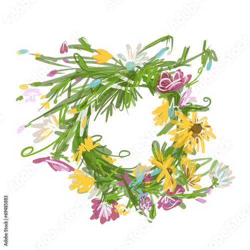 Fototapeta Naklejka Na Ścianę i Meble -  Floral wreath sketch for your design