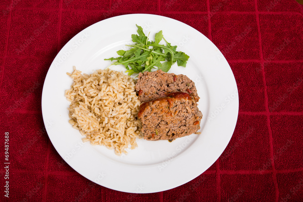 Meatloaf Rice and Arugula on Red Towel