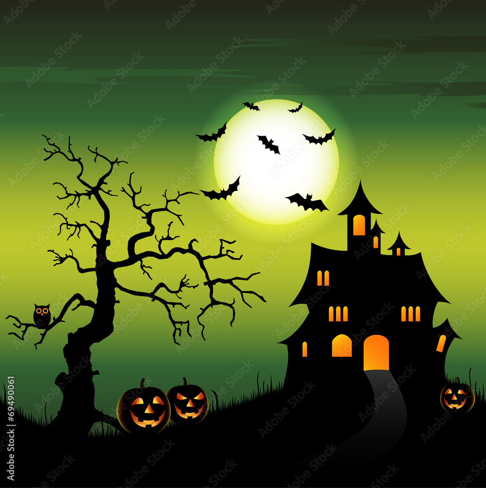 Halloween night backdrop with castle and pumpkins