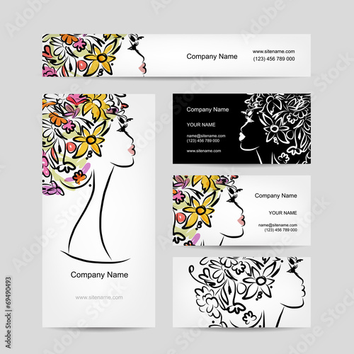 Business cards design with female floral head