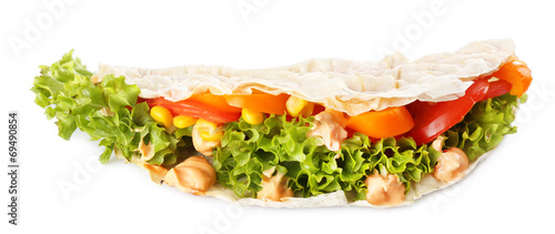 Veggie wrap filled with chicken and fresh vegetables isolated