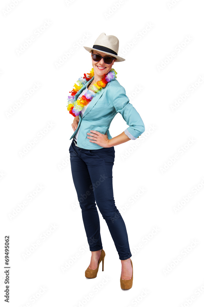 woman with hawaii flowers and sunglasses smiling over white back woman with hawaii flowers and sunglasses smiling over white back