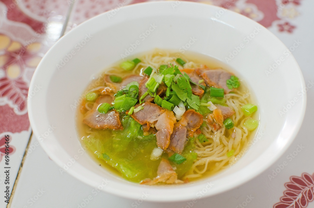Noodles, Chinese egg noodles with red pork in hot soup