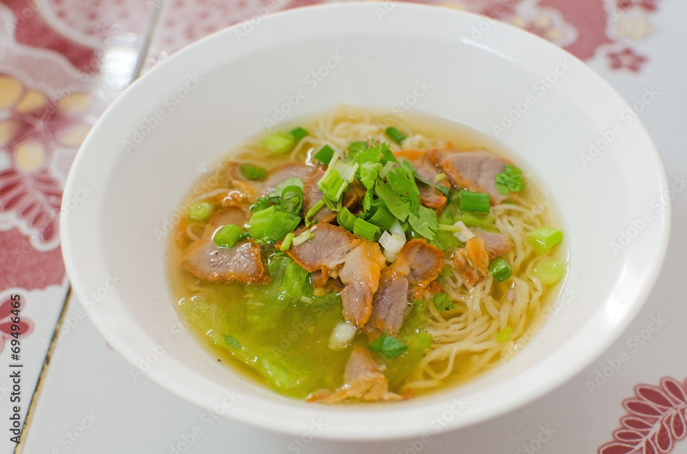 Noodles, Chinese egg noodles with red pork in hot soup Noodles, Chinese egg noodles with red pork in hot soup