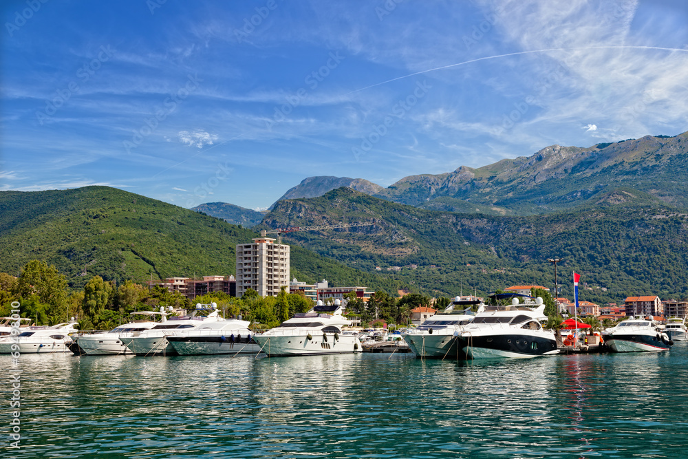 Obraz premium Boats and yachts moored in harbor in Budva, Montenegro.