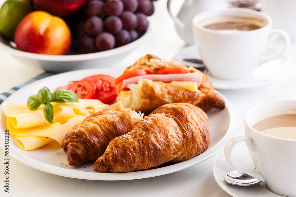 Breakfast witch croissant, cheese and hot coffee Breakfast witch croissant, cheese and hot coffee