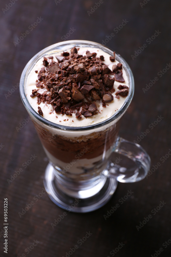 Yogurt, with chocolate cream, chopped chocolate and muesli Yogurt, with chocolate cream, chopped chocolate and muesli