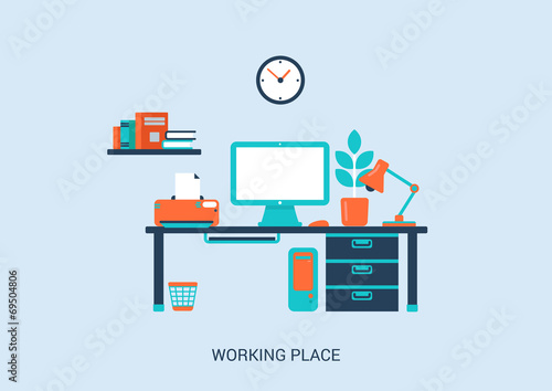 Flat style design vector illustration work place home interior