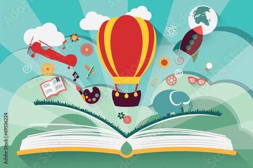 Imagination concept - open book with air balloon, rocket