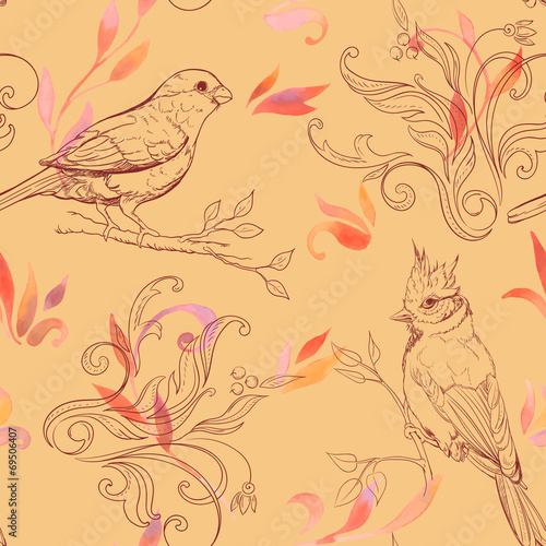 pattern with bird and handdrawn flowers