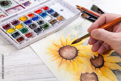 Watercolor painting sunflower wit equipment