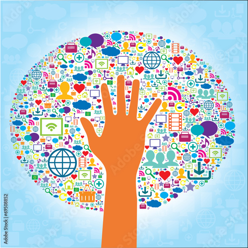 Communication and icons of social media and hand