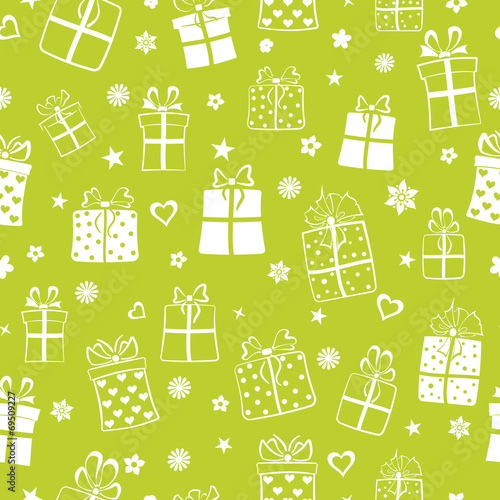 Seamless pattern of gift boxes, white on green