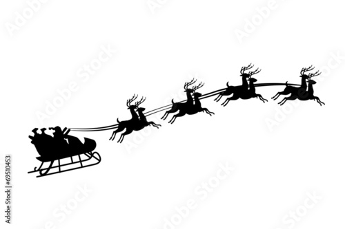 Illustration of Santa Claus riding in a sleigh with harness on t