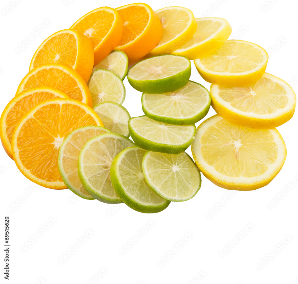 Lime, lemon and orange layer slices over white background Lime, lemon and orange layer slices over white background