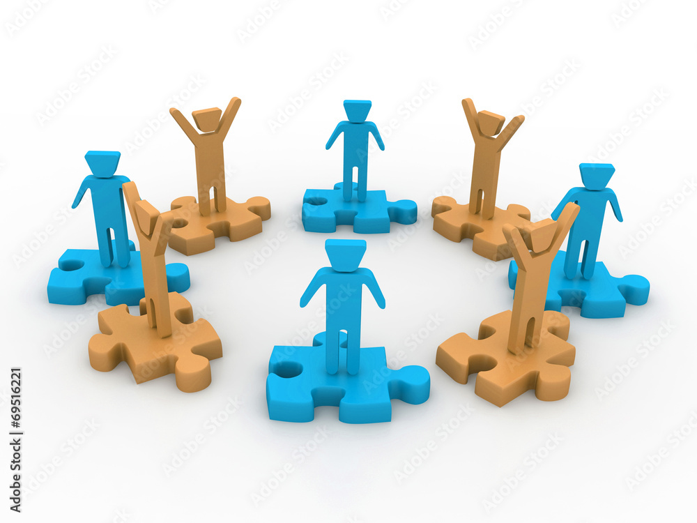 3d people standing on puzzle pieces 3d people standing on puzzle pieces