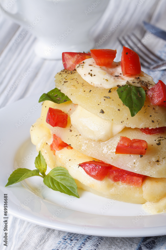 potatoes with mozzarella, tomato and basil closeup vertical potatoes with mozzarella, tomato and basil closeup vertical
