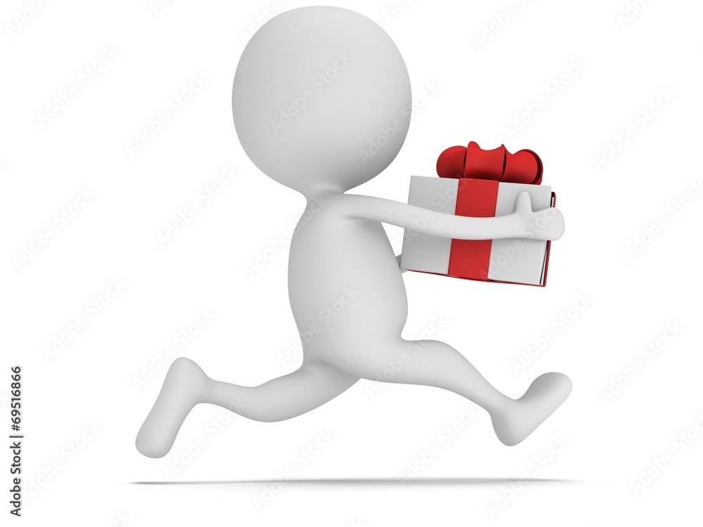 3d man icon running with gift box in his hand 3d man icon running with gift box in his hand