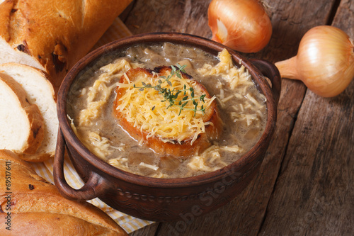 onion soup with croutons and ingredients. Horizontal photo