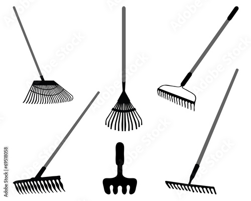 Fotografie, Obraz Black silhouettes of rake on a white background, vector