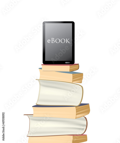 eBook. Electronic Reader on a pile of paper books