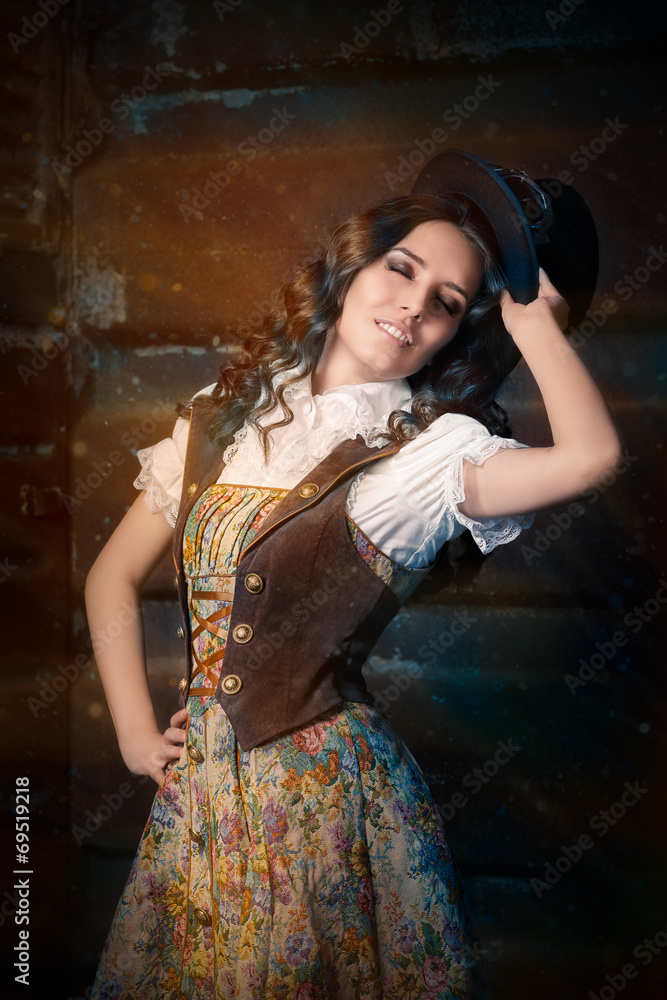 Fototapeta premium Steampunk Girl with Top Hat and Aviator Glasses