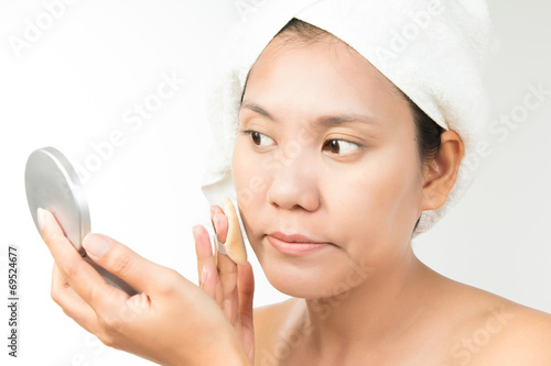 Wallpaper Mural woman with perfect health skin of face and bath towel on head Torontodigital.ca