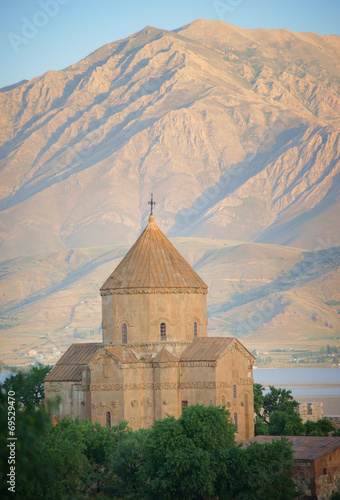 Armenian church in Akmadar with mountain in background, Turkey
