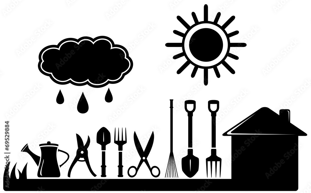 Fototapeta premium gardening tools set on farm landscaping