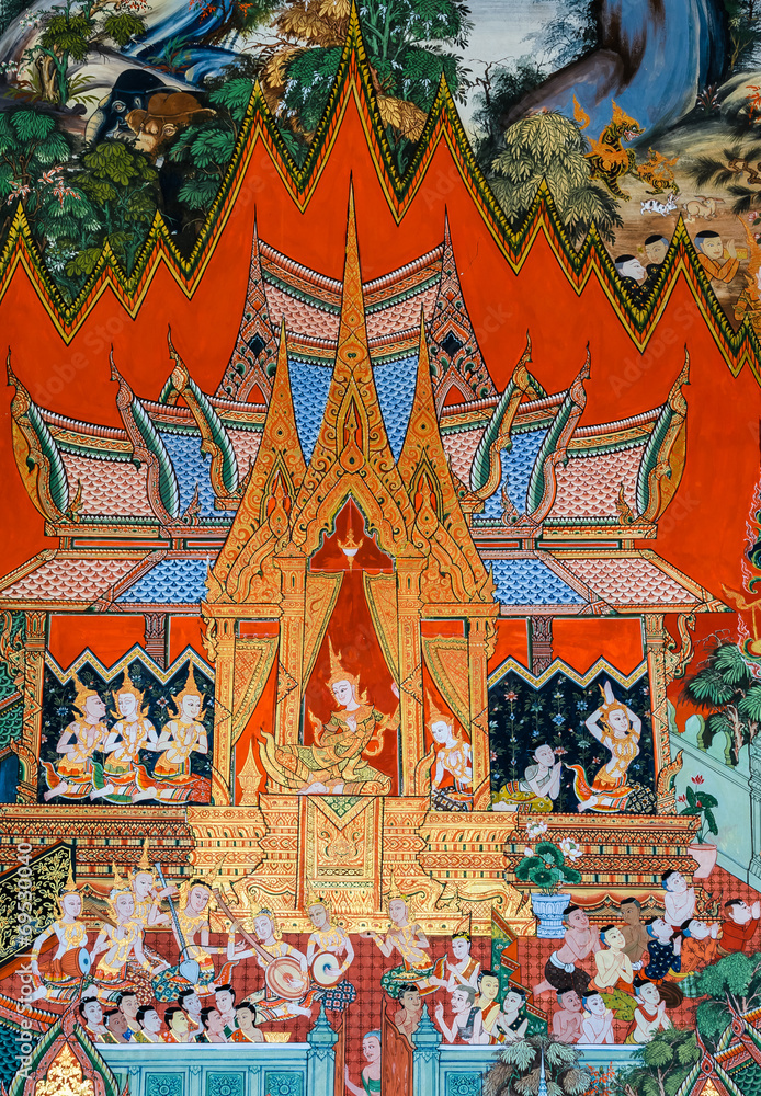 Obraz premium Native Thai mural painting on temple wall, Thailand