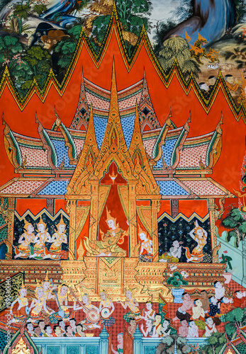 Native Thai mural painting on temple wall, Thailand © boonsom