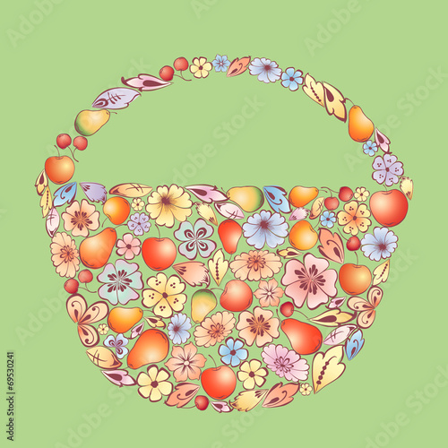 basket of the fruit and flowers