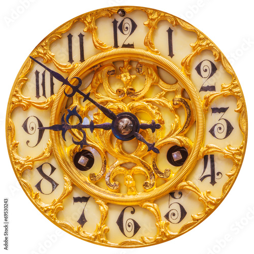 Rich decorated golden clock face isolated on white