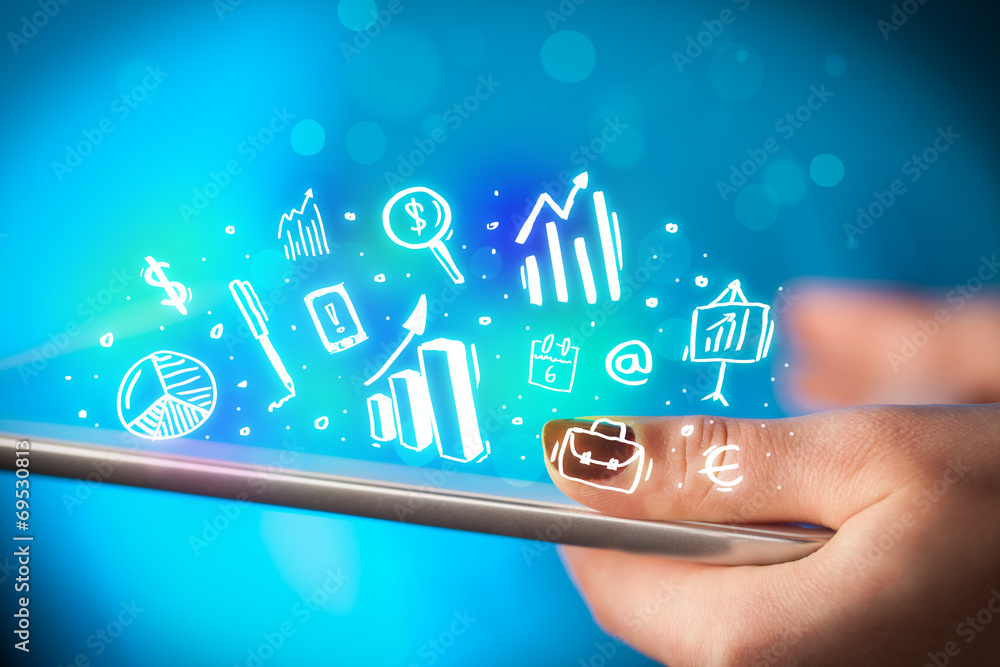 Hand touching tablet pc, charts concept Hand touching tablet pc, charts concept