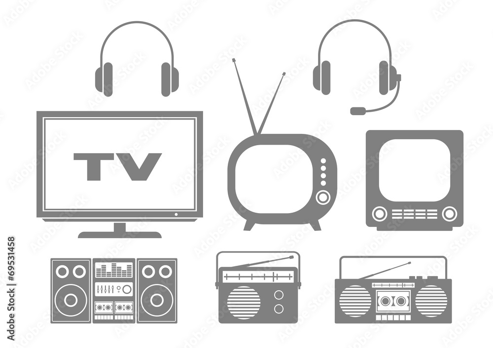 Grey audio and TV icons on white background Grey audio and TV icons on white background