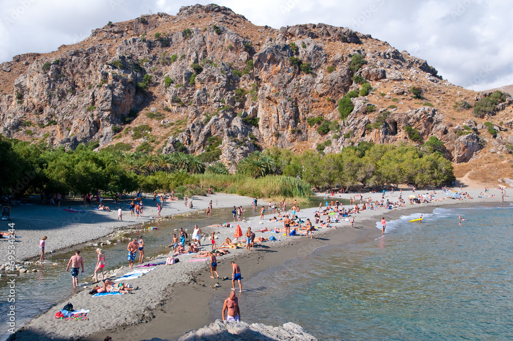 Holidaymakers on the Preveli Beach. Crete, Greece.