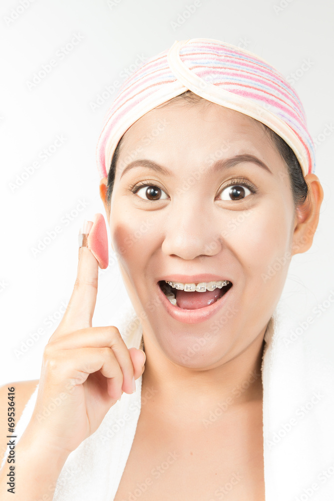 woman with perfect health skin of face and bath towel on head woman with perfect health skin of face and bath towel on head