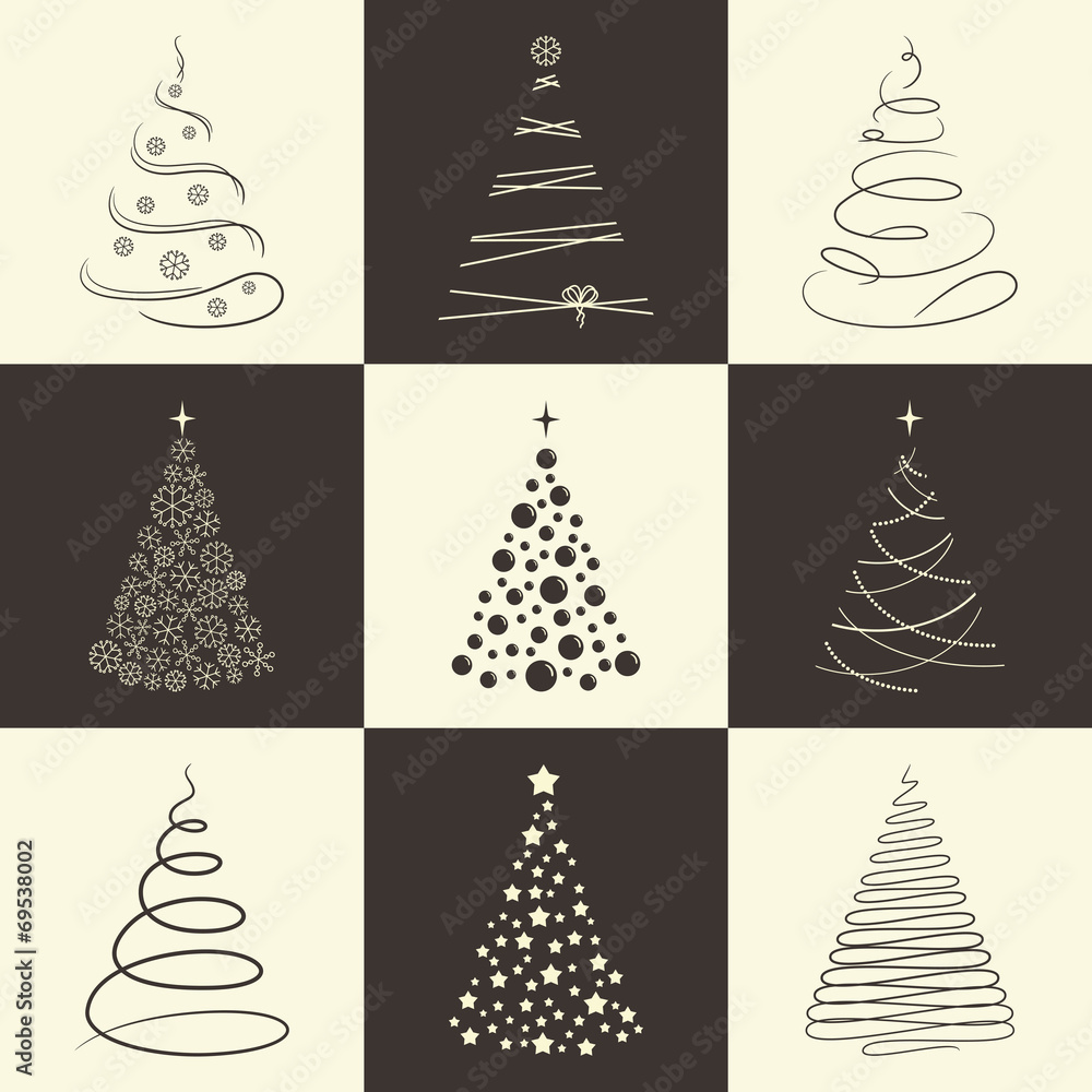 Set of stylized Chrisrmas trees for winter holidays design - obrazy, fototapety, plakaty 