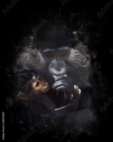 Watercolor Image Of Mother And Baby Monkey
