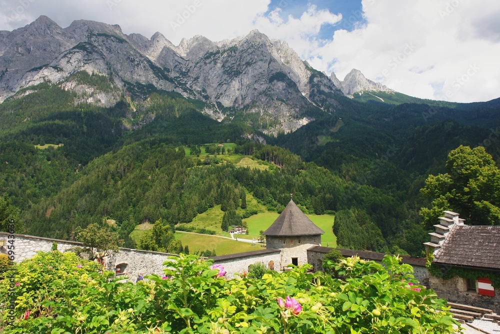 Hohenwerfen Castle, view from the garden of the Alps, Austria Hohenwerfen Castle, view from the garden of the Alps, Austria