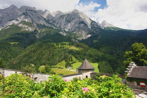 Hohenwerfen Castle, view from the garden of the Alps, Austria