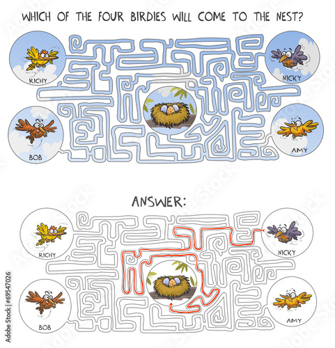 Funny Cartoon Birds maze game with answer. photo