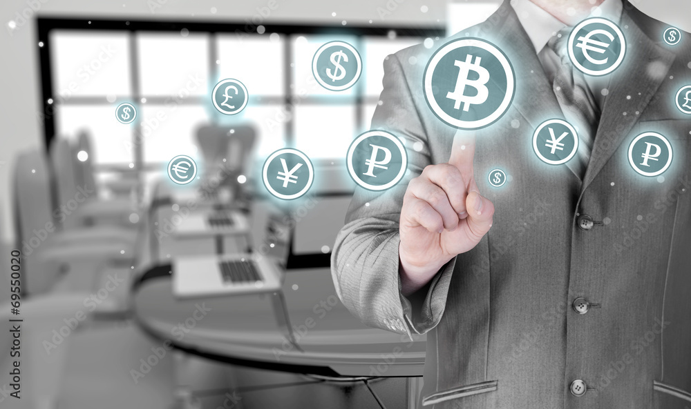Choosing bitcoins, businessman pressing touch screen button. Choosing bitcoins, businessman pressing touch screen button.