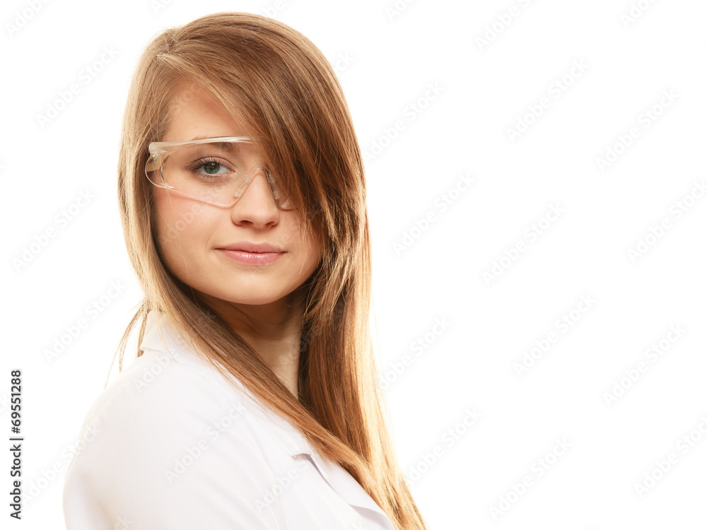 Laboratory. Chemist woman in goggles glasses isolated Laboratory. Chemist woman in goggles glasses isolated