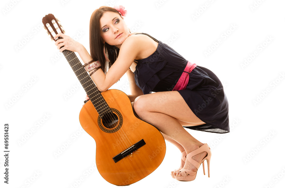 Music lover, summer girl with guitar isolated Music lover, summer girl with guitar isolated