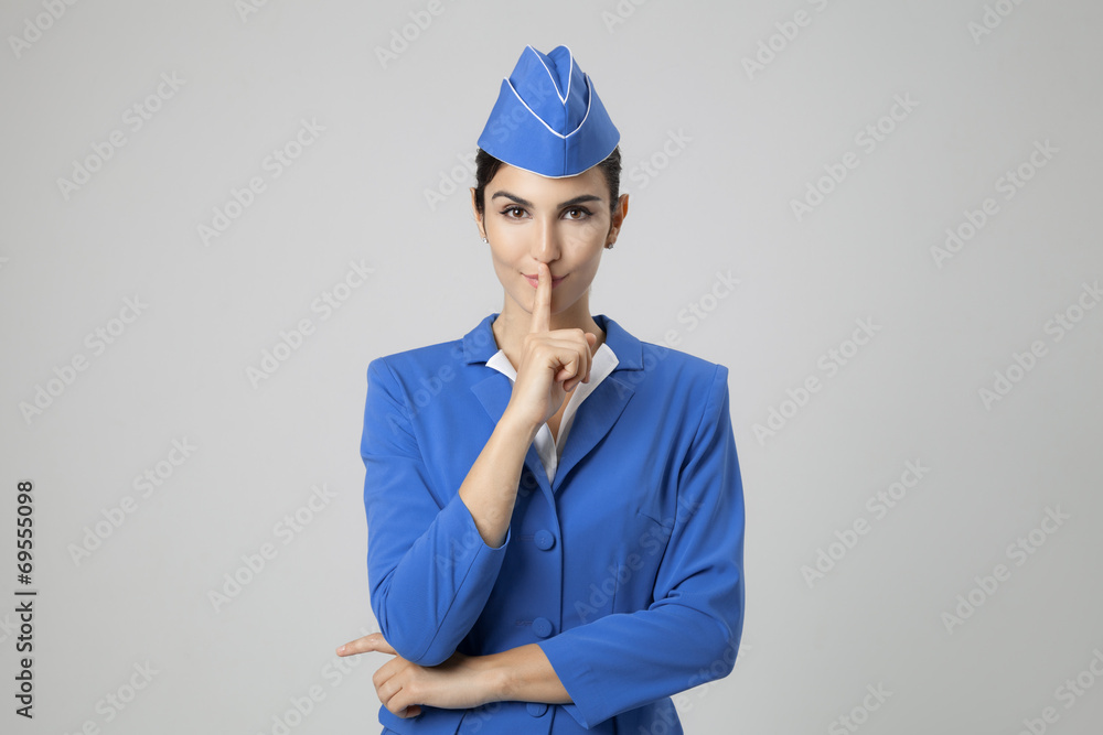 Charming Stewardess Dressed In Blue Uniform