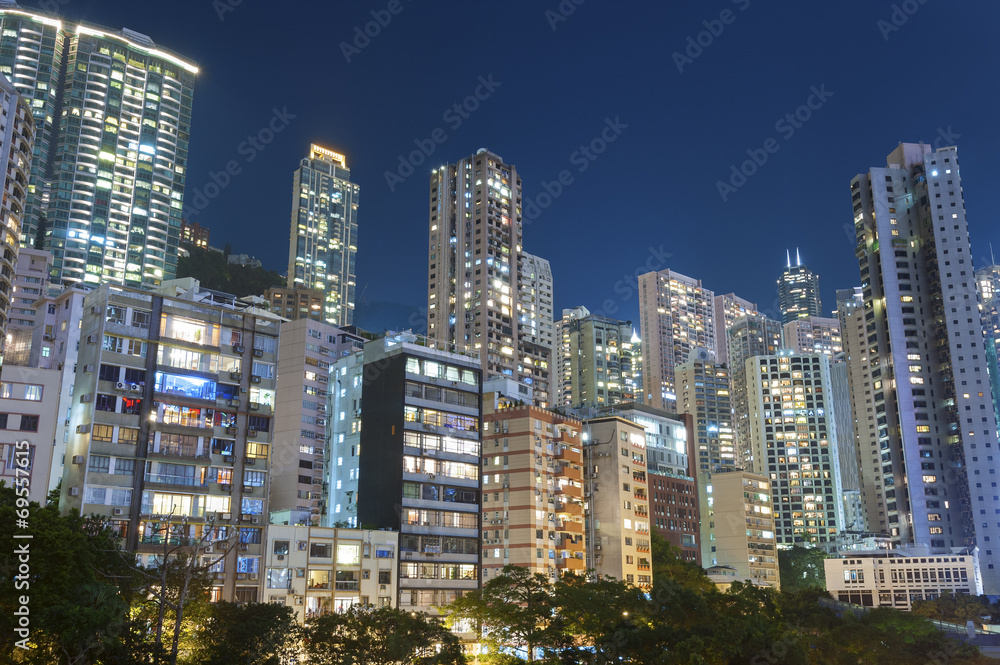 residential buildings in Hong Kong at night